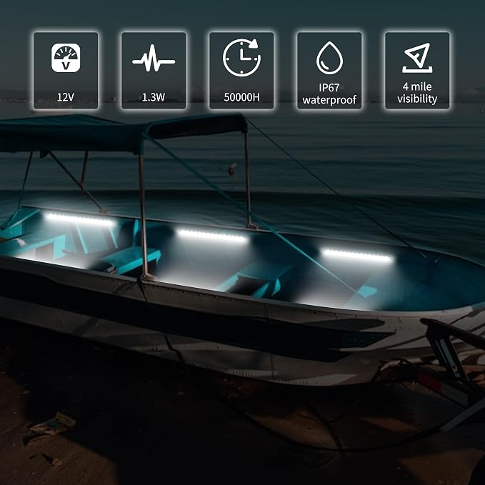 RVZONE LED Boat Interior Lights, Boat Led Strip Lights Marine Waterproof Marine Lighting Strip Night Fishing Lighting for Pontoon, Dinghy, Kayak, Yacht,4 Pcs, White