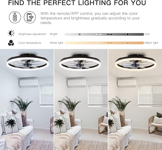 20'' Modern Low Profile Ceiling Fan with Light, Bedroom LED Ceiling Fan with Remote Control, Bladeless Flush Mount Black Fan Lights Ceiling Fixtures for Living Room,Small Room