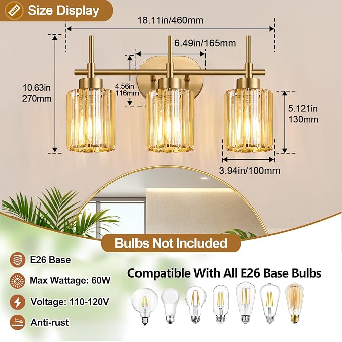 Modern Crystal Bathroom Light Fixtures Over Mirror, 3-Light Brushed Gold Bathroom Vanity Light with Amber Glass Shades, Modern Vanity Lights for Bathroom, E26 Base, Bulbs Not Included