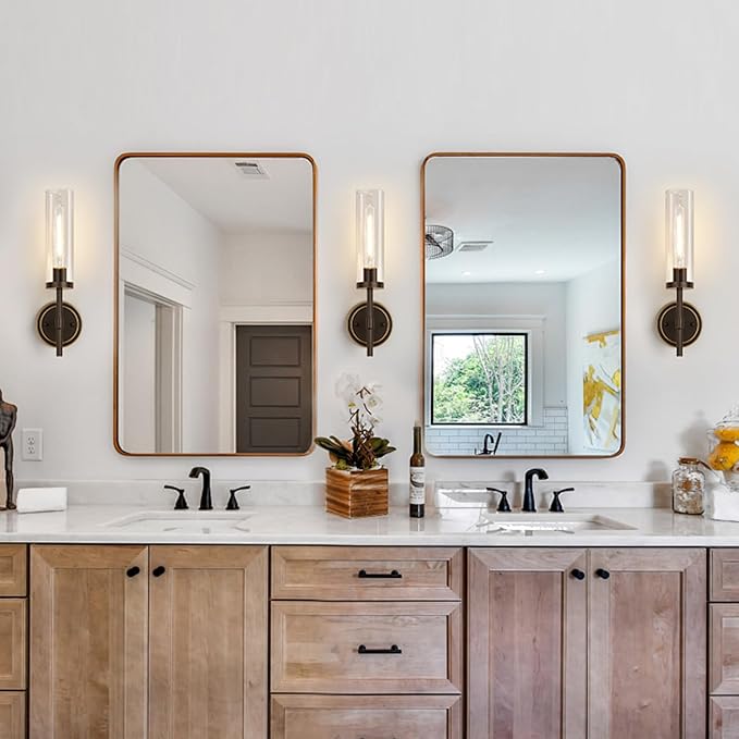 Wall Sconces Set of Two, Brown and Gold Bathroom Sconces with Clear Glass, Hardwired Sconces Wall Decor Set of 2, Modern Wall Light Fixtures for Bathroom Mirror Living Room Bedroom Hallway