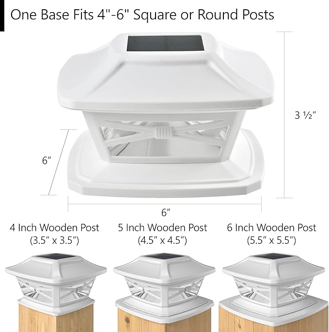 Davinci Flexfit Solar Outdoor Post Cap Lights, 4x4 5x5 6x6, Bright LED, 2PK | Pearl White, Wooden Posts, fence/deck/garden/patio, UV fade-protected plastic, auto-on, 7-8h, cordless, IP44, 25lm warm white