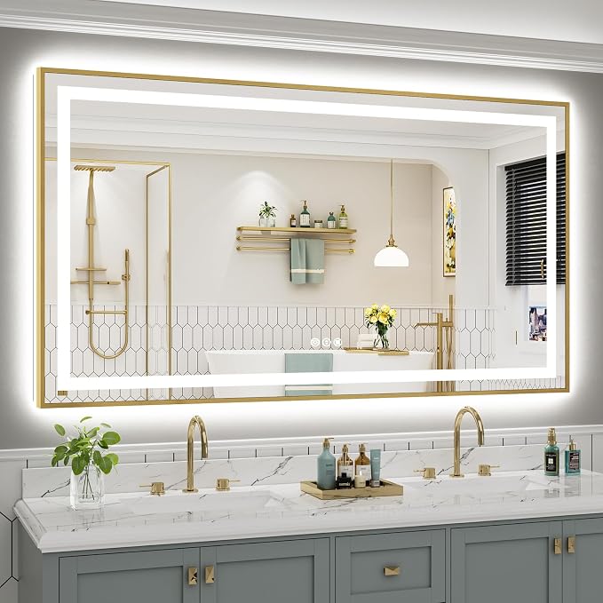 72x40 Inch LED Bathroom Mirror with Gold Frame, Backlit & Front Lit | Anti-fog, 3 Color Dimmable, Memory Function, HD Reflection Tempered Glass, ETL Listed, IP54 Waterproof