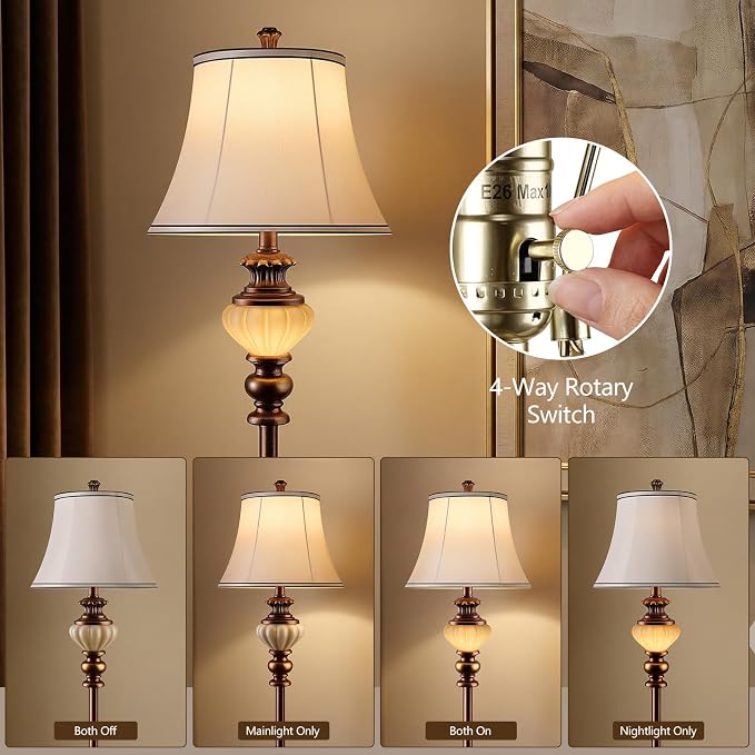 65'' Vintage Floor Lamp for Living Room, Retro Farmhouse Standing Lamp with Nightlight, Tall Lamp with Fabric Shade and Rotary Switch for Bedroom Office Dining Room Corner(LED Bulb Included)