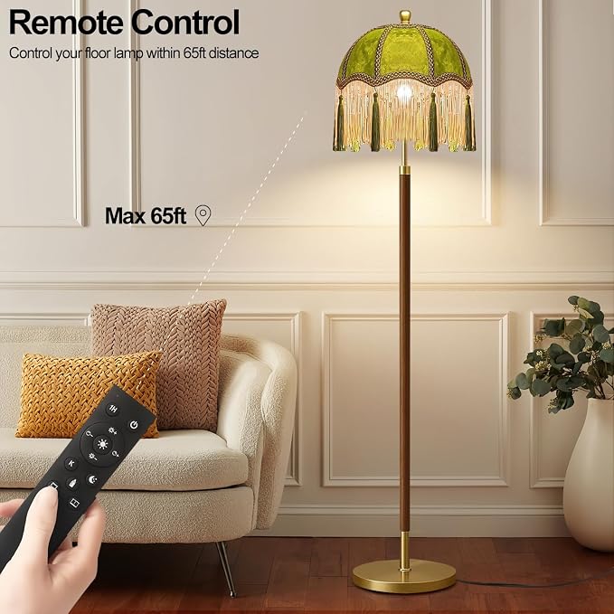 QIYIZM Vintage Floor Lamp for Living Room,Bedroom,Dimmable Standing Lamp with Remote,Green Mid Century Gold Tall Lamp Boho Retro Floor Light Fringe Tassel Flower Unique Wood Tiffany Victorian Decor