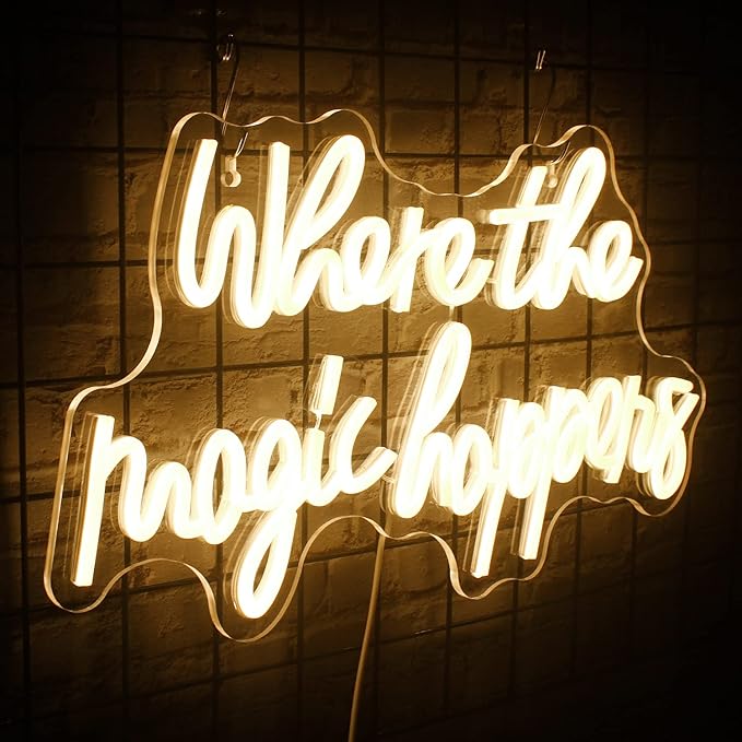 Where The Magic Happens Neon Sign Led Warm White Word Light Up Signs for Wall Decor Usb Powered Letter Neon Light Signs Indoor Light for Bedroom Salon Decor Wedding Birthday Party Bar