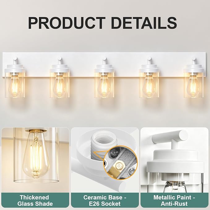 IZORRO Bathroom Vanity Light Fixture, 5-Light 36 Inch White Bathroom Light Fixtures Over Mirror, with Clear Glass Shade, Modern Farmhouse Vanity Lights, Rustic Restroom Lighting Fixtures
