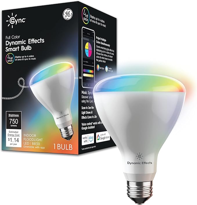 Cync GE Dynamic Effects BR30 Color Changing Light Bulb with Music Sync, RGB LED Light Bulb, Room Décor Aesthetic WiFi Smart Light, 9.5 Watts, Works with Amazon Alexa and Google, 1 Bulb