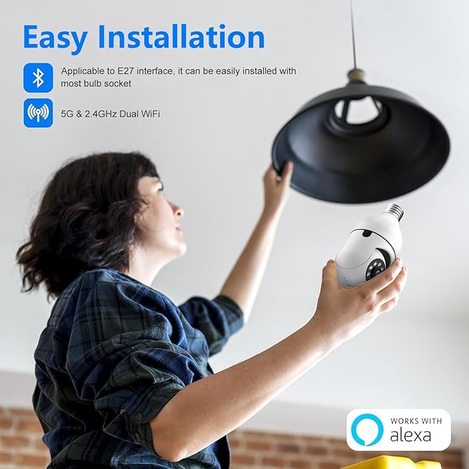 5MP Light Bulb Security Camera Outdoor, 5G&2.4GHz WiFi Lightbulb Outdoor Wireless Security Cameras for Home Security, Two-Way Talk,Color Night Vision, No-Drill, 2-in-1 Bulb Security Camera