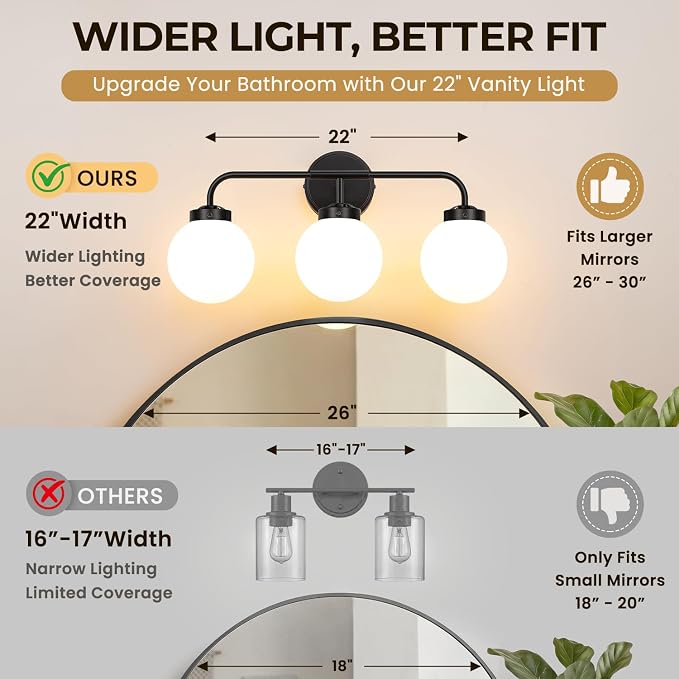 Modern Matte Black Bathroom Light Fixtures, 3-Light Vanity Lights Wall Sconce with Globe Milky White Glass Shade Over Mirror for Bathroom Hallway Living Room Bedroom