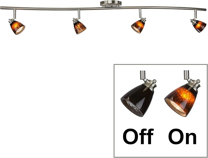 4 Light Adjustable Track Light, Brushed Steel Finish, Brown Glass Shade, Ready to Install, Bulb Included, D268-44C-BS-BRNS