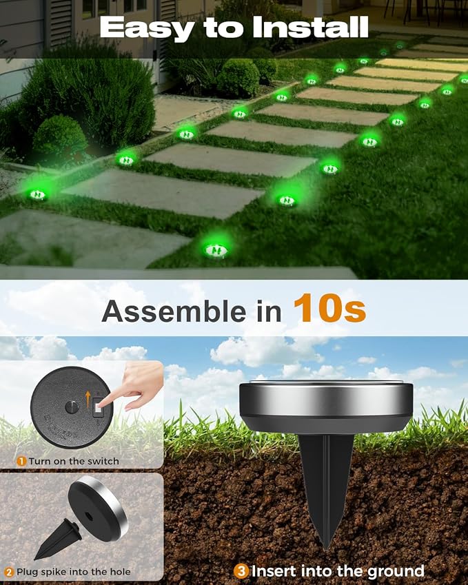 btfarm 16 Pack Solar Lights Outdoor Waterproof, 8 LED Solar Ground Lights | Stainless Steel, Easy-to-Install Flat Solar Disc Lights, Pathway Lights for Garden Lawn Patio Yard Path Landscape, Green