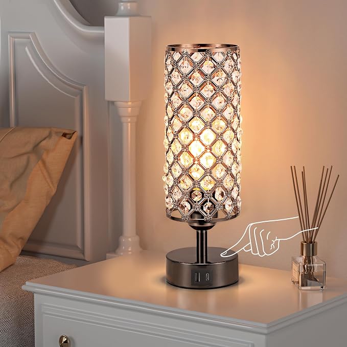 Hong-in Crystal Table Lamp,Black Lamp with USB C+A Ports, 3 Way Dimmable Light with Crystal Lampshade, Bedside Lamp Small Touch Light for Living Room Bedroom, Charge Phone (Bulb Included)