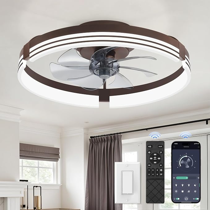 ZMISHIBO Low Profile Ceiling Fans with Lights and Remote, 20" Brown | 3000K-6000K Dimmable Fandelier LED, Flush Mount, 6 Wind Speeds, Reversible, Timer, Bedroom, Living Room, Kitchen, Kids Room