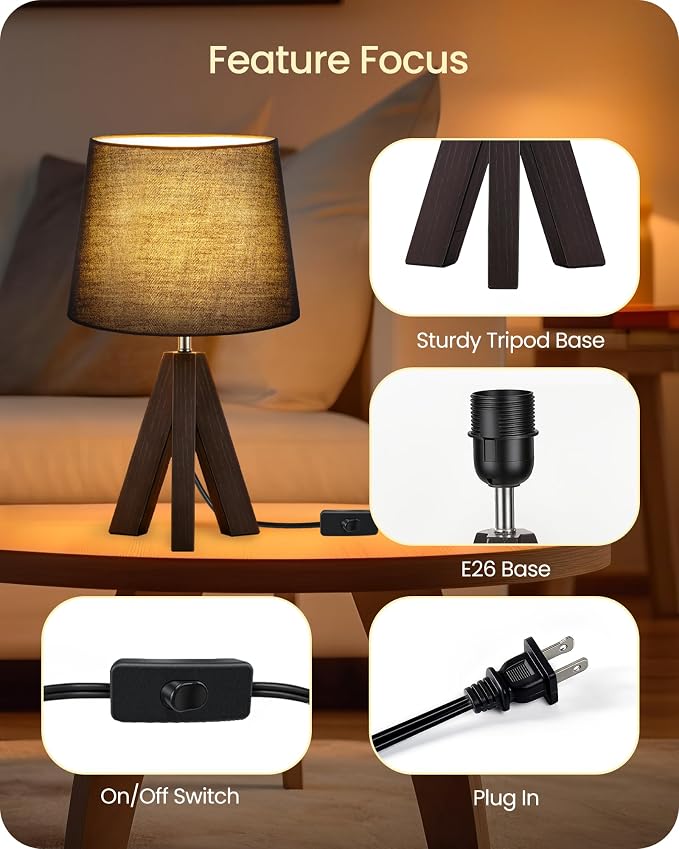 Small Table Lamp for Bedroom, 14.6" Bedside Lamp with Black Linen Shade & Walnut Wood Tripod Base, Modern Nightstand Lamp, Blak Lamp for Living Room, Nursery, Entryway, E26 Socket, VB51TL05