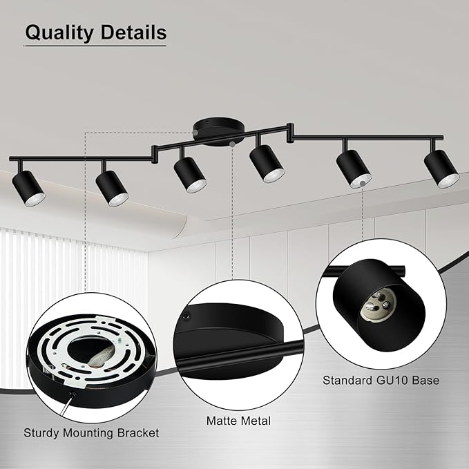 6 Light Track Lighting Fixtures Ceiling, Matte Black Kichen Track Lighting Fixtures with Rotatable Light Heads, Foldable Lamp Arms, Modern LED Track Lights for Kitchen/Hallway, No GU10 Bulb
