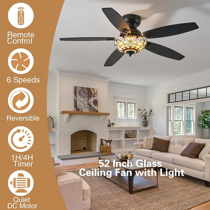 Tiffany Ceiling Fans with Lights-52"Ceiling Fan Chandelier and Glass Shade | 52" Ceiling Fan Chandelier with 5 Dual-Blades and Glass Shade, 6 Speeds and Reversible, Indoor and Outdoor, Retro Style
