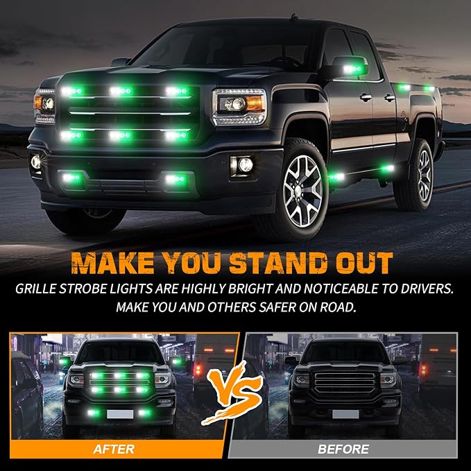 8PCS Sync Grill Strobe Lights 32 LED Green White Emergency Lights | Grille Surface Mount Warning Safety Hazard Caution Light for Tow Plow Trucks Construction Vehicles, Car, ATV, UTV, Motorcycle