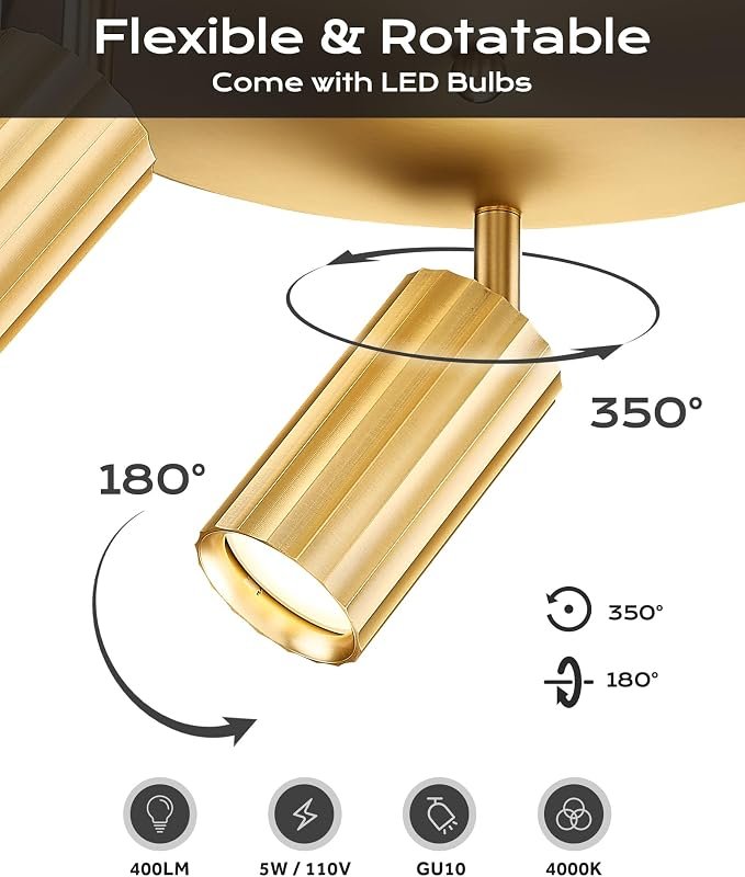 FEMILA Brushed Gold Round Track Lighting Fixtures Ceiling, 3 Light Track Lighting Fixtures with 3000K GU10 Bulbs, Track Lights for Kitchen, Hallway, Living Room, Office, 4FS109F-3 BG
