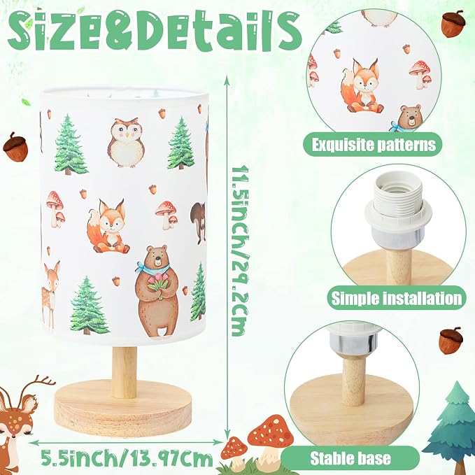 Woodland Animals Table Lamp - Woodland Kids Bedside Lamp with Linen Wooden Nightstand Cartoon Nursery Lampshade for Kids Room Decor