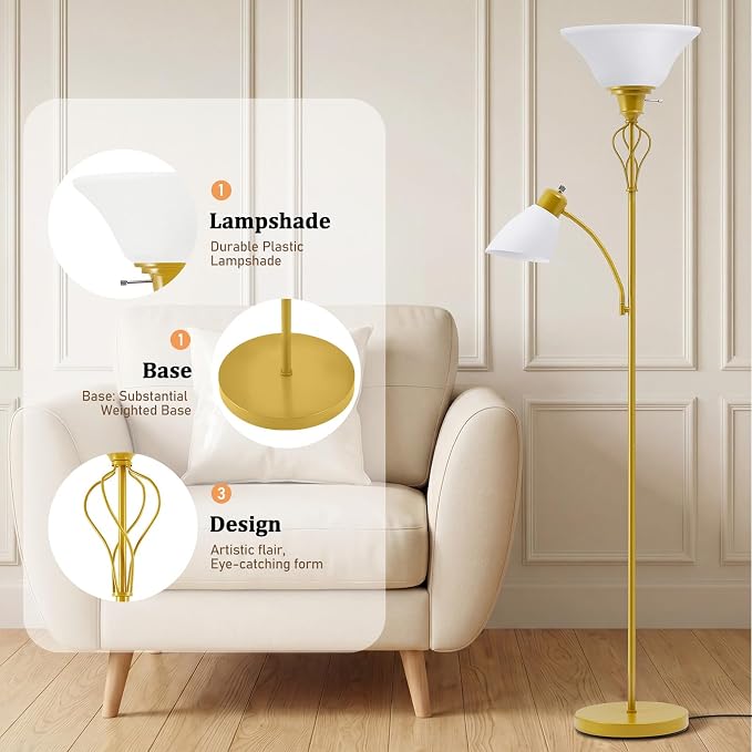 Floor Lamps for Living Room, 70" Tall Torchiere Floor Lamps, Plastic Shade | Tall Lamp with Adjustable Gooseneck Reading Light, Modern Corner Standing Lamp for Bedroom, Office, Separate On/Off Switch