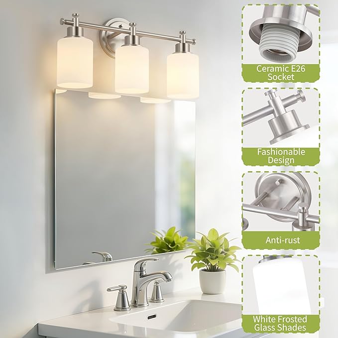 3-Light Bathroom Vanity Light Fixtures, Brushed Nickel Bathroom Wall Sconce, Modern Sliver Vanity Light with Milky White Glass Shade Over Mirror, Bathroom, Bedroom, E26 Base, 17 Inch