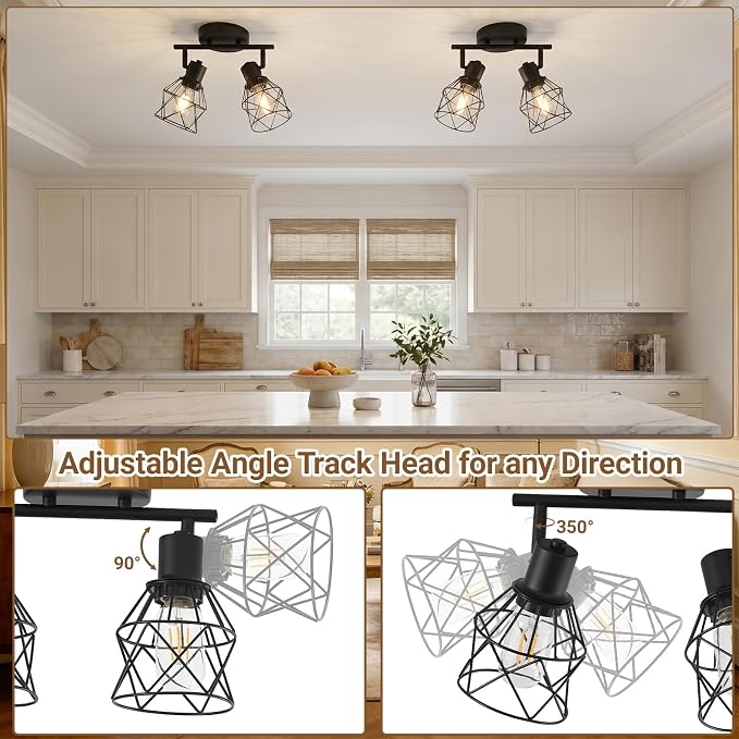 LOUSACE 2-Lights Kitchen Light Fixtures Ceiling Mount, Adjustable Flush Mount Ceiling Light with Metal Cage, Farmhouse Track Spotlight Ceiling Fixtures for Dining Room Entryway Living Room