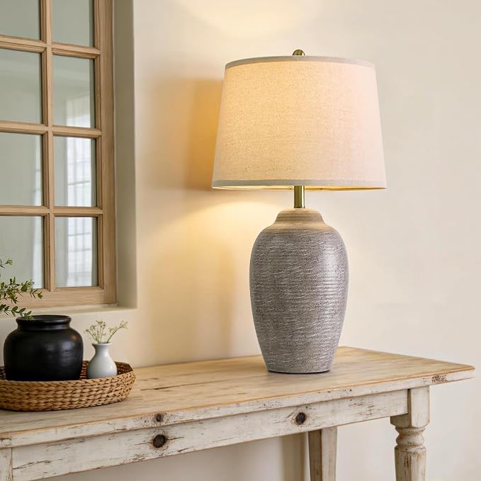 USumkky 29.5" Tall Vintage Ceramic Table Lamp with 5FT Cord - Single Large Rustic Farmhouse Bedside Lamp with Linen Shade & Natural Textured Finish, Nightstand Table Lamp for Bedroom End Table,Grey