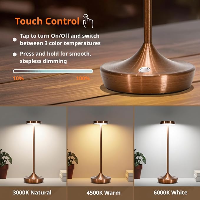 Brown Cordless Table Lamps, Rechargeable 6000mAh, 72H Runtime, Waterproof | Stepless Touch Dimming with 3 Color Modes & Memory Function for the Perfect Ambiance at Home, Restaurants & Patios (2 Brown)