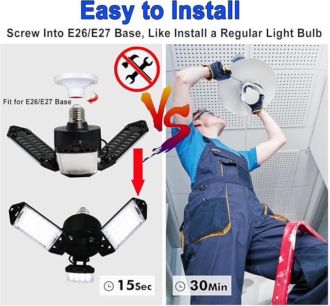 LED Garage Light, 80W 8000 Lumen Ceiling Lights with 3 Adjustable Panels, 6500K Daylight Light Bulb Fixture LED Lights for Garage, Workshop