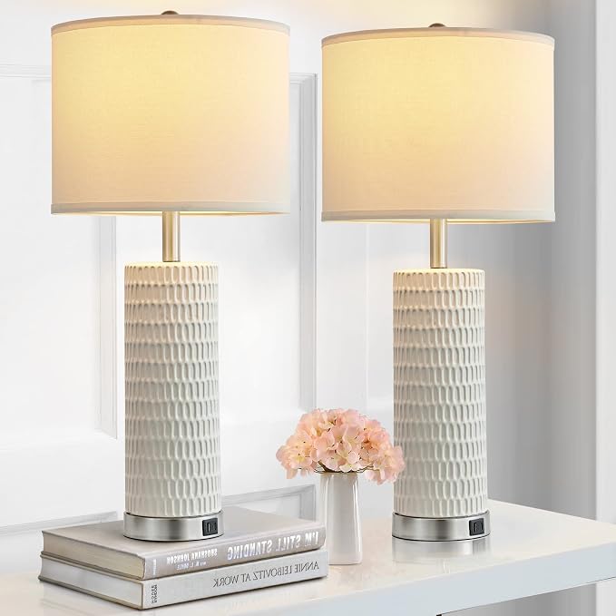 Reaketon 26.5" Ceramic Table Lamp Set of 2, 3 Way Dimmable Touch Control Table Lamp with 2 USB Charging Ports for Bedroom Living Room, Modern Nightstand Lamp End Table Lamps, Bulbs Included
