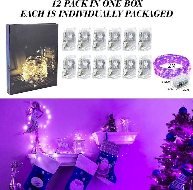 ZGWJ 12 Pack Fairy Lights, Mini String Lights Purple and White | Battery Operated 7 FT 20 LED Waterproof 3 Modes for DIY, Parties, Wedding, Halloween, Christmas Decoration