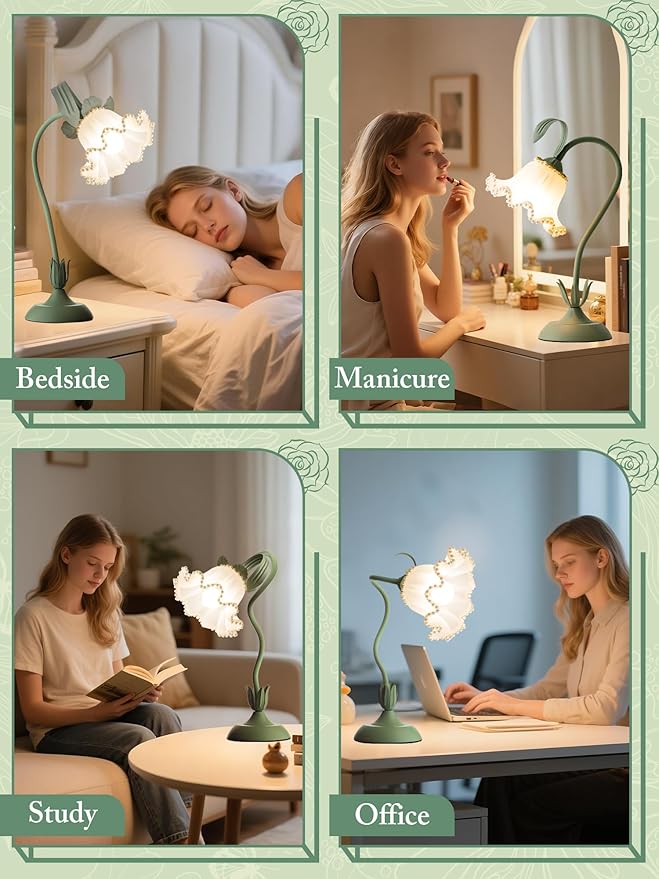 Flower Table Lamp,LED Reading Light Bedside Vintage Flower Night Light,3 Colors Modes Kawaii Bedside Lamps Decor,Living Room Bedroom Room Lighting Table Lamps Home Decoration (Green Pearls)