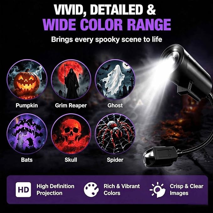 Plug and Play HD Star Projector Halloween, Projector Halloween | USB Powered with 360° Flexible Neck, Star Projector for Bedroom Ceiling Halloween Decor