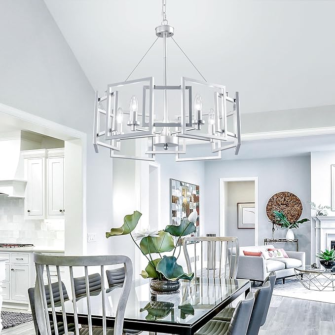 ZGLAOJT Modern Chandelier Chrome Geometric Pendant Lighting Fixture 5-Light Metal Farmhouse Chandelier for Dining Room Living Room entryway Kitchen Bedroom Island