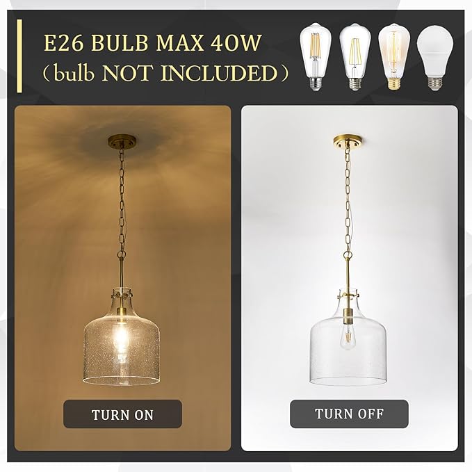 12" Gold Glass Pendant Light, Seeded Bubble Shade Modern Farmhouse Hanging Light for Kitchen Island, Dining Room, E26 Dimmable Ceiling Fixture