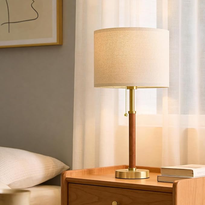 22" Wood Table Lamps Mid Century Modern Lamp for Bedroom Living Room Bedside Lamps for Night Stands Nightstand Lamp with Pull Chain Gold Small Side End Table Lamps Set of 2 Vintage Deco Gifts