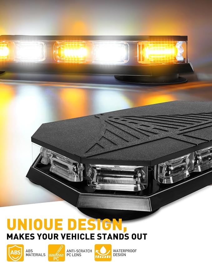 HLauto 406D Rooftop Emergency Strobe Lights Bar, 102 LED Amber White Mini Beacon Safety Flashing Warning Traffic Lights Bar w/Magnetic Base for 12-24V Trucks, Construction Vehicles, Snowplow, Cars