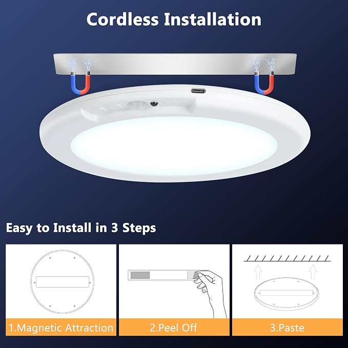 maylit 4 Pack Rechargeable Ceiling Lights with Motion Sensor | Wireless Battery-operated Lighting for Closets, Bathrooms, Hallways, Stairs and Pantries