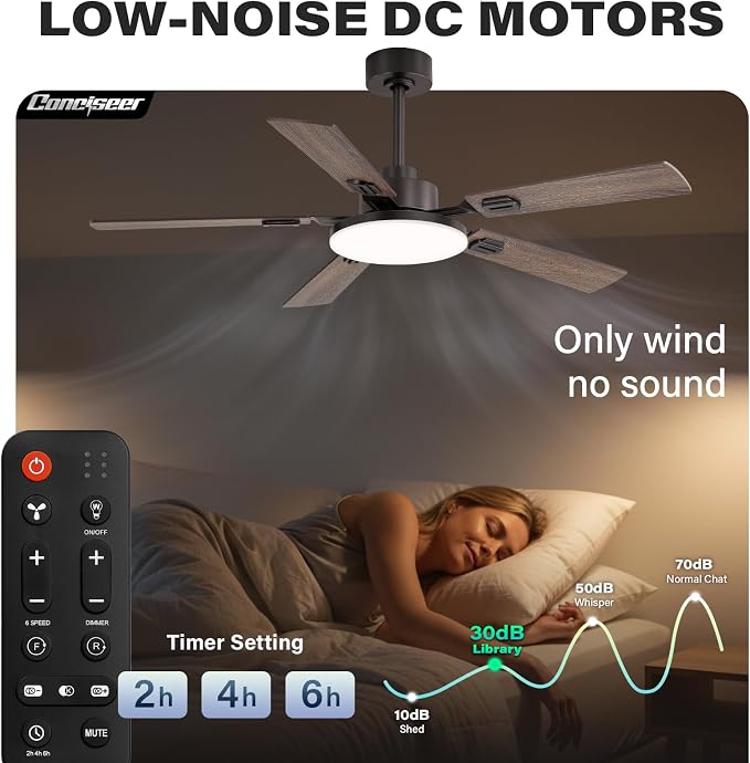 60 Inch Ceiling Fans with Lights and Remote, Bedroom Living Room Office Library Cafe Outdoor Industrial, 5CCT Dimmable, Dual Color 5 Blades, 6 Speed Reversible Quiet DC Motor, Brown/Wood Grain