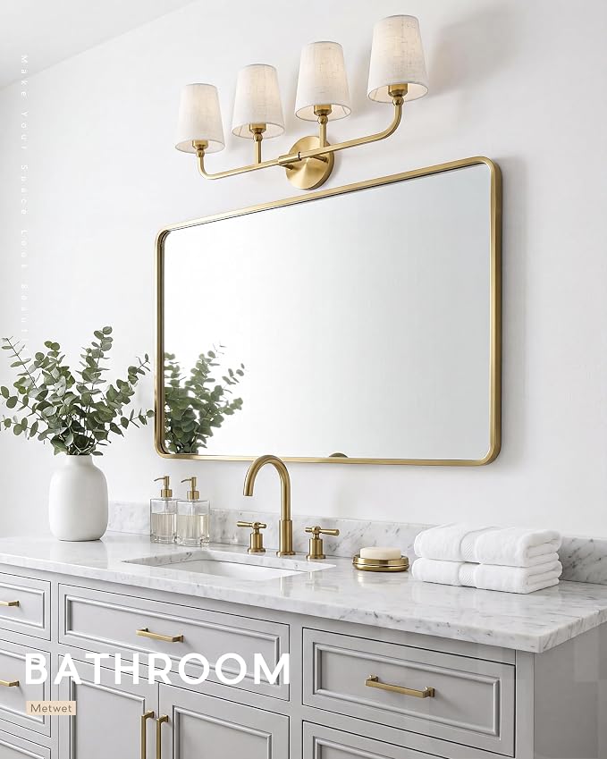 4-Light Brushed Gold Bathroom Vanity Light with Linen Fabric Shade | 28 Inch gold bathroom light fixture over mirror, UL listed, E26 bulbs, hardwired, upward only, VL837-BG-A-4