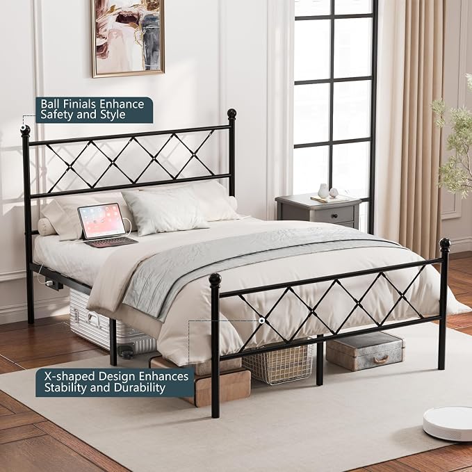 VINGLI Full Bed Frame with LED Lights & Charging Station, Metal Platform Bed Frame with Headboard, USB Ports, Under Bed Storage, Noise Free, No Box Spring Needed, Easy Assembly, Black