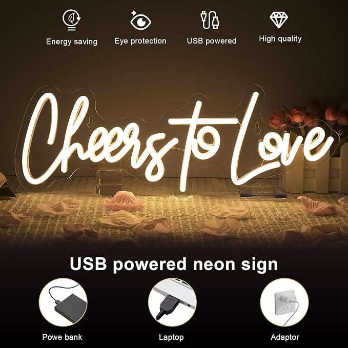 Lucunstar Cheers to Love Neon Sign Wedding Neon Sign Led Lights for Room Warm White Wall Decor Light Signs for Wedding USB Powered Sign Decor 16.5"X5.9"