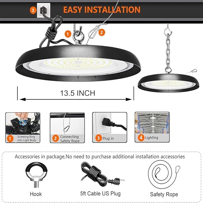 10Pack 300W UFO LED High Bay Light,33000lm 6000K Daylight 3000W Equivalent with 59inch US Plug Cable Garage Lights Commercial Warehouse Bay Light for Garage Factory Lowbay Area Lighting