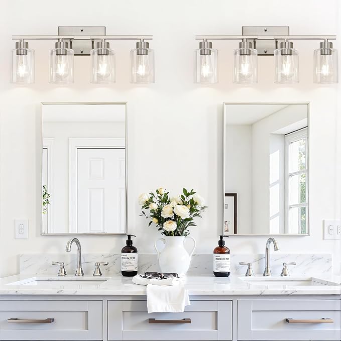 4-Light Bathroom Light Fixtures, Brushed Nickel Vanity Lights, Bathroom Lighting with Clear Glass Shade, Vanity Lighting fixtures for Mirror Kitchen Bedroom Hallway Living Room