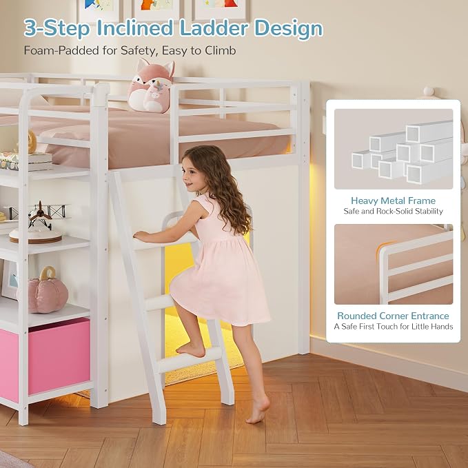 Low Loft Bed Twin Size with Desk, 6 Storage Drawers & Bookshelf, Kids Loft Bed with LED Lights & Under-Bed Play Space, Heavy Duty Metal Bed Frame with 13.8"H Safety Guardrail & Ladder, White and Pink