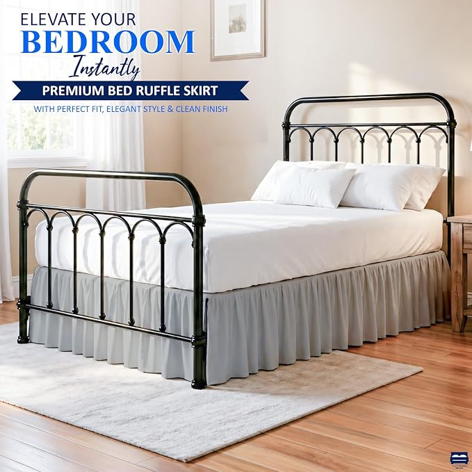 Ruffled Bed Skirt with Split Corners-Dust Ruffle - 12" Drop 100% Microfiber Soft,Sheen & Luxurious Look - Bed Skirts (Light Grey -King)