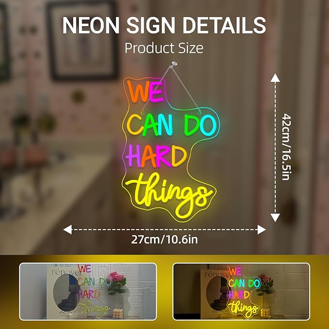 We Can Do Hard Things Neon Sign Classroom Led Neon Light Kids Wall Art Decor for Bedroom Library Office Postive Inspirational Children Students Birthday Gifts