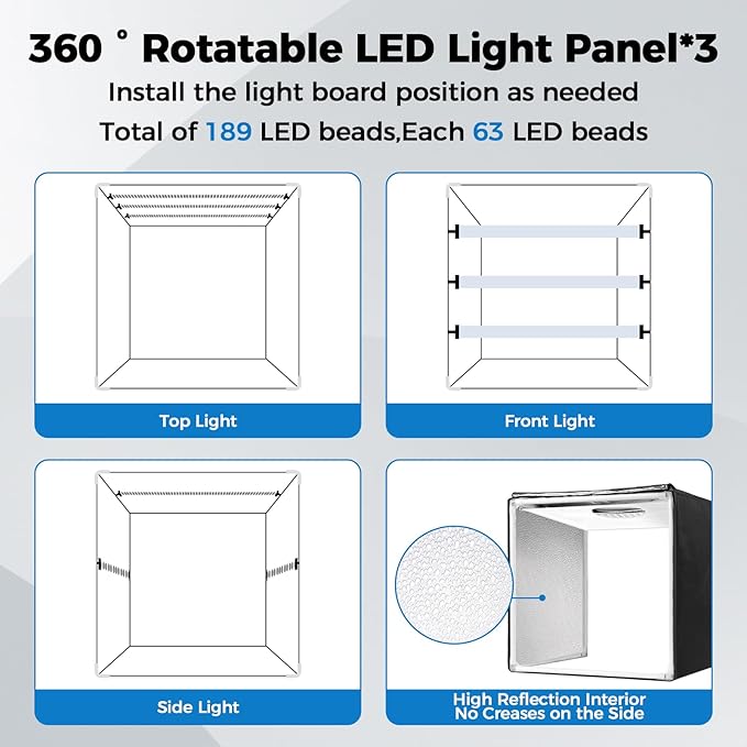 Photo Light Box, Portable 12/16/20/24/32 Inch Photo Studio LightBox, Shooting Tent Kit with 189 Light Beads and 6 Color Backdrops. Lightbox with 3 Stepless Dimming Light Boards for Product Photography