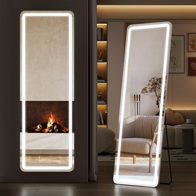 Sweetcrispy LED Full Length Floor Mirror, 65"x21" Lighted Full Body Mirror | Standing Mirror with Dimming & 3 Color Lighting, Shatterproof Tempered Glass, Wall Hanging or Leaning for Home Decor, White