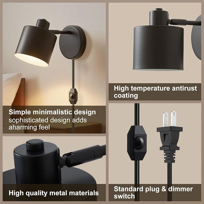 Lightess Black Plug in Wall Sconces Set of 2 Dimmable Corded with Switch | 350° Rotatable Lamp Head, Dimmable Corded Fixture With On Off Switch, Fits Bedside Kitchen Hallway; Bulbs Not Included